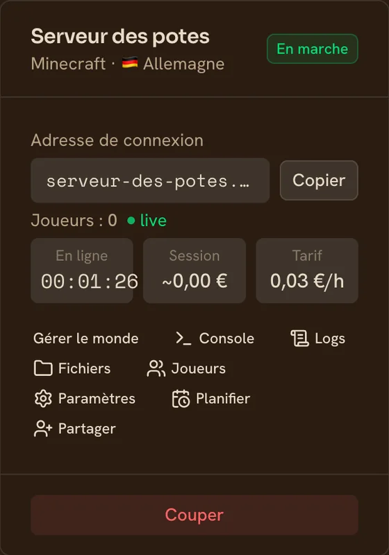Carte d'un serveur Minecraft en marche dans la console TickServ : adresse de connexion, compteur de session, coût en cours et tarif horaire