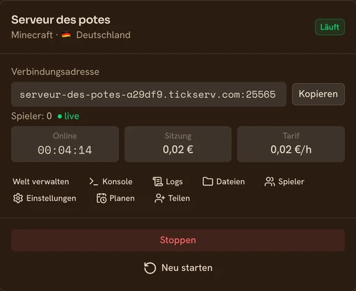 Karte eines laufenden Minecraft-Servers in der TickServ-Konsole: Verbindungsadresse, Sitzungszähler, laufende Kosten und Stundenpreis