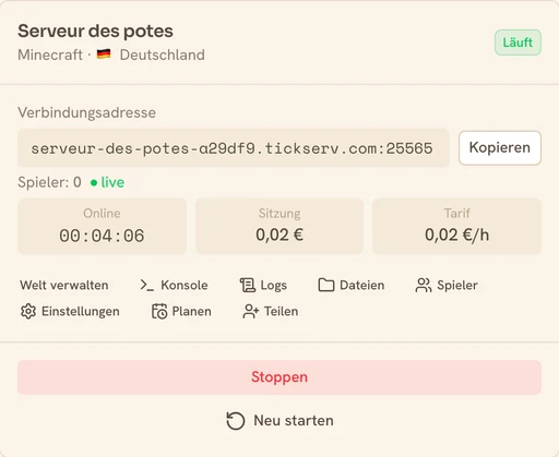 Karte eines laufenden Minecraft-Servers in der TickServ-Konsole: Verbindungsadresse, Sitzungszähler, laufende Kosten und Stundenpreis
