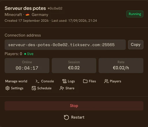 A running Minecraft server card in the TickServ console: connection address, session timer, running cost and hourly rate