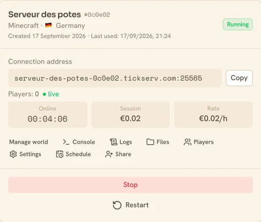 A running Minecraft server card in the TickServ console: connection address, session timer, running cost and hourly rate