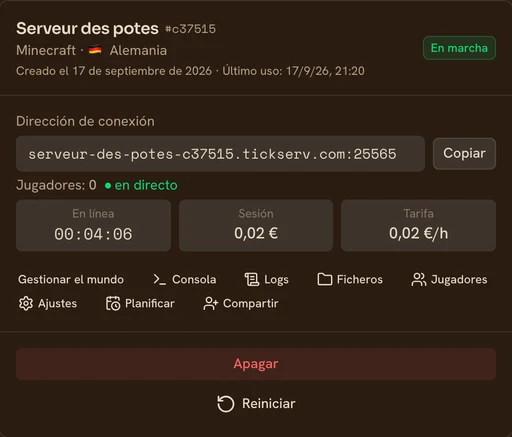 Tarjeta de un servidor Minecraft en marcha en la consola de TickServ: dirección de conexión, contador de sesión, coste en curso y tarifa horaria