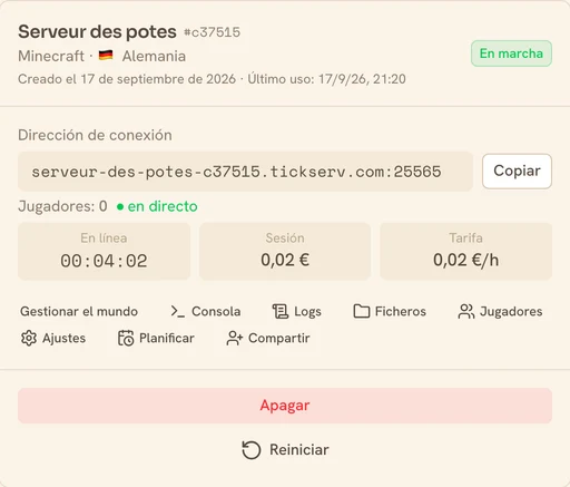 Tarjeta de un servidor Minecraft en marcha en la consola de TickServ: dirección de conexión, contador de sesión, coste en curso y tarifa horaria