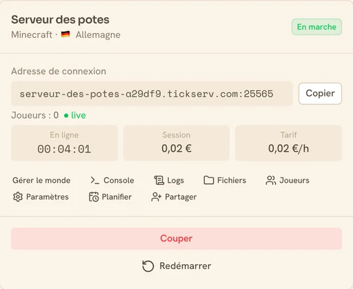 Carte d'un serveur Minecraft en marche dans la console TickServ : adresse de connexion, compteur de session, coût en cours et tarif horaire