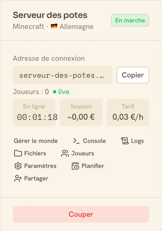 Carte d'un serveur Minecraft en marche dans la console TickServ : adresse de connexion, compteur de session, coût en cours et tarif horaire