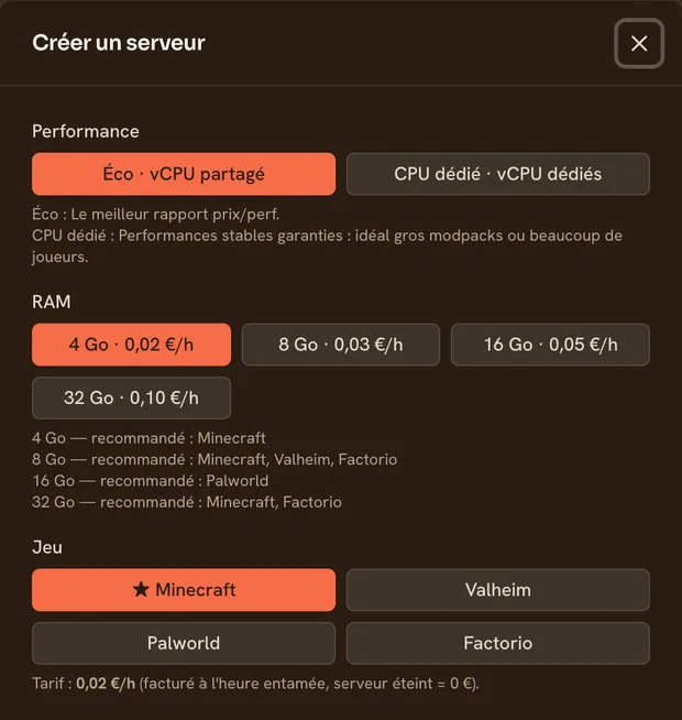 Formulaire de création d'un serveur TickServ : choix du niveau de performance, paliers de RAM avec leur prix horaire, jeu et localisation