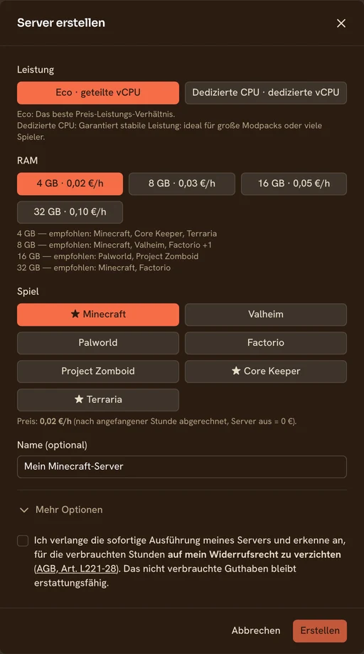 Das TickServ-Erstellungsformular: Leistungsstufe, RAM-Stufen mit ihrem Stundenpreis, Spiel und Standort