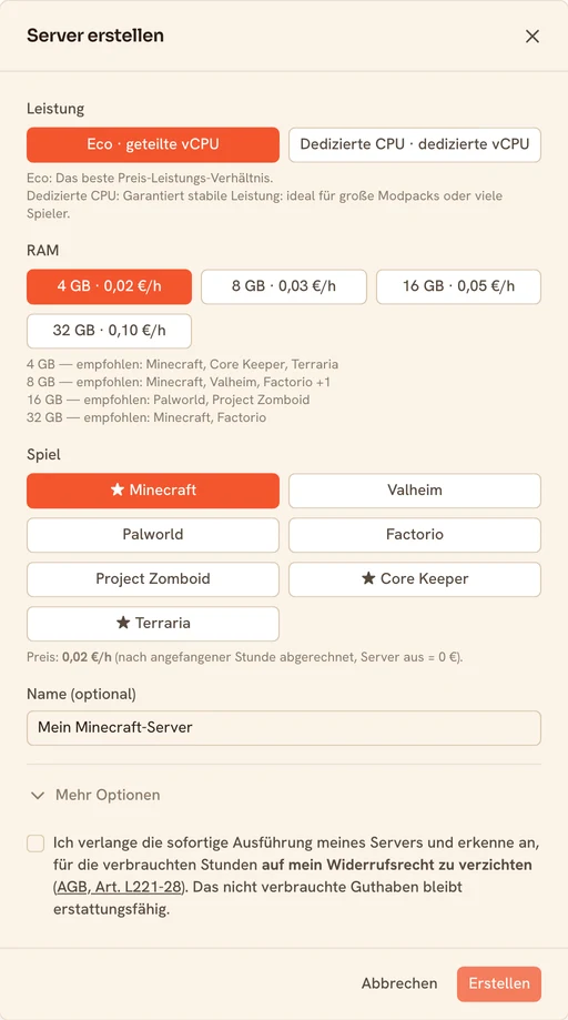 Das TickServ-Erstellungsformular: Leistungsstufe, RAM-Stufen mit ihrem Stundenpreis, Spiel und Standort