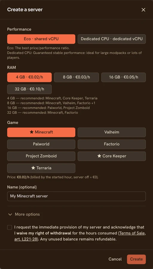 The TickServ creation form: performance level, RAM tiers with their hourly price, game and location