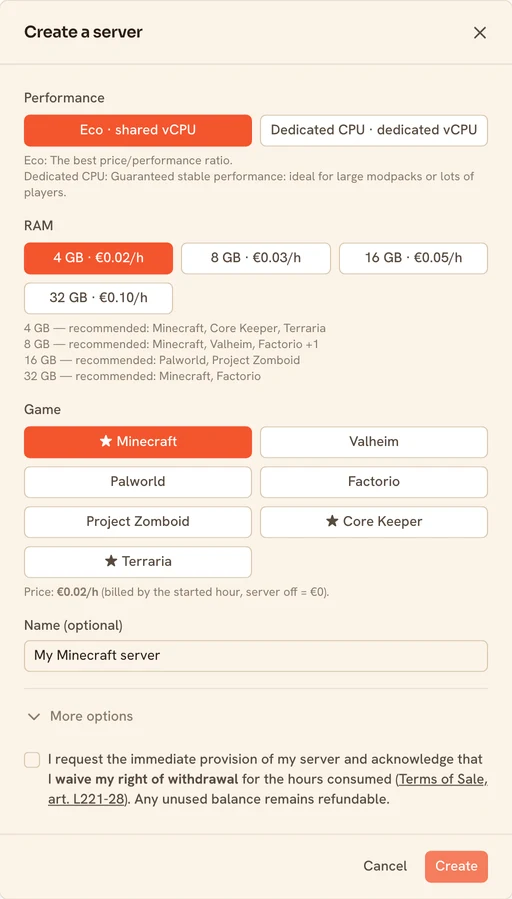 The TickServ creation form: performance level, RAM tiers with their hourly price, game and location