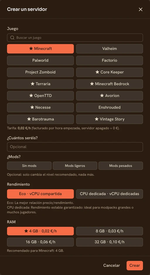 Formulario de creación de un servidor TickServ: elección del nivel de rendimiento, niveles de RAM con su precio horario, juego y ubicación