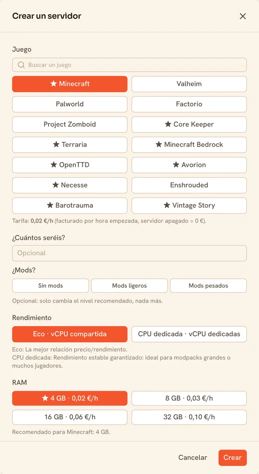 Formulario de creación de un servidor TickServ: elección del nivel de rendimiento, niveles de RAM con su precio horario, juego y ubicación