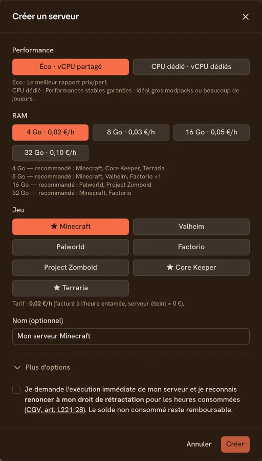 Formulaire de création d'un serveur TickServ : choix du niveau de performance, paliers de RAM avec leur prix horaire, jeu et localisation