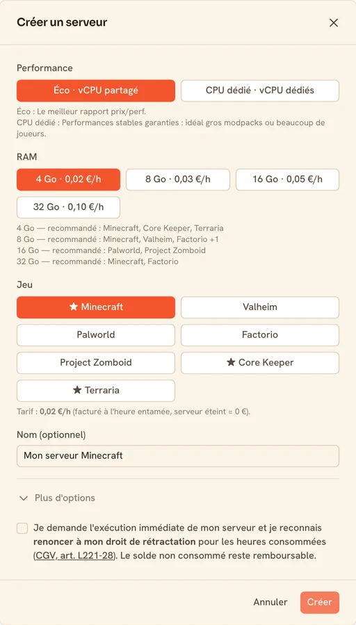 Formulaire de création d'un serveur TickServ : choix du niveau de performance, paliers de RAM avec leur prix horaire, jeu et localisation