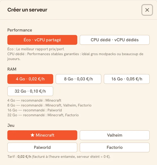 Formulaire de création d'un serveur TickServ : choix du niveau de performance, paliers de RAM avec leur prix horaire, jeu et localisation