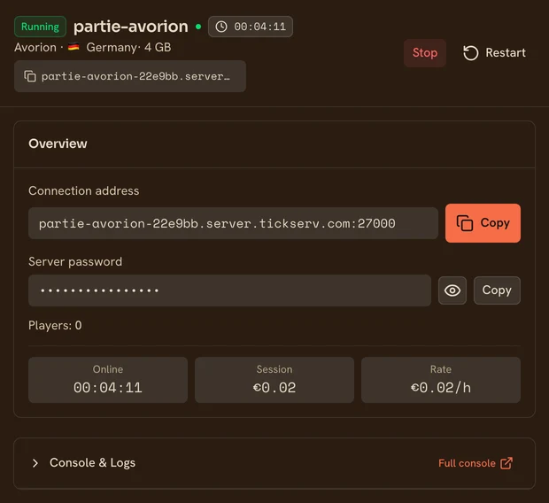 The page of a running Avorion server in the TickServ console: permanent connection address, session time, running cost and hourly rate