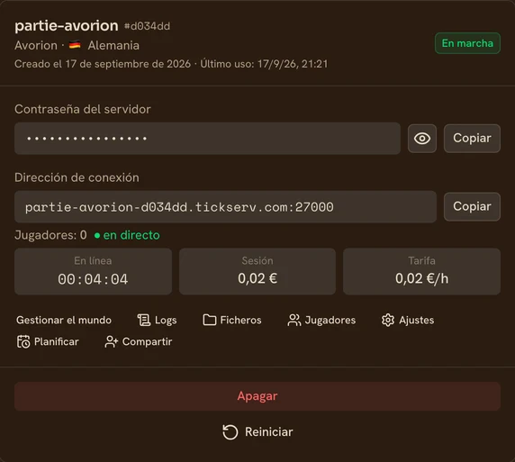 Tarjeta de un servidor Avorion en marcha en la consola de TickServ: dirección de conexión permanente, tiempo de sesión, coste en curso y tarifa horaria