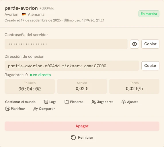 Tarjeta de un servidor Avorion en marcha en la consola de TickServ: dirección de conexión permanente, tiempo de sesión, coste en curso y tarifa horaria