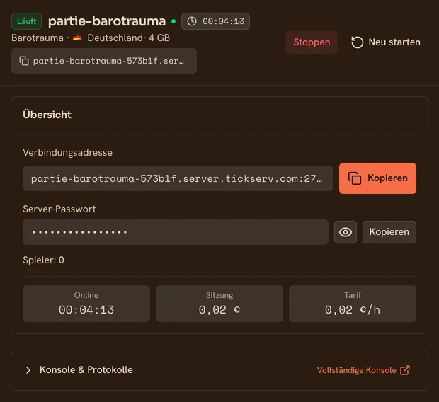 Seite eines laufenden Barotrauma-Servers in der TickServ-Konsole: dauerhafte Verbindungsadresse, Sitzungsdauer, laufende Kosten und Stundenpreis