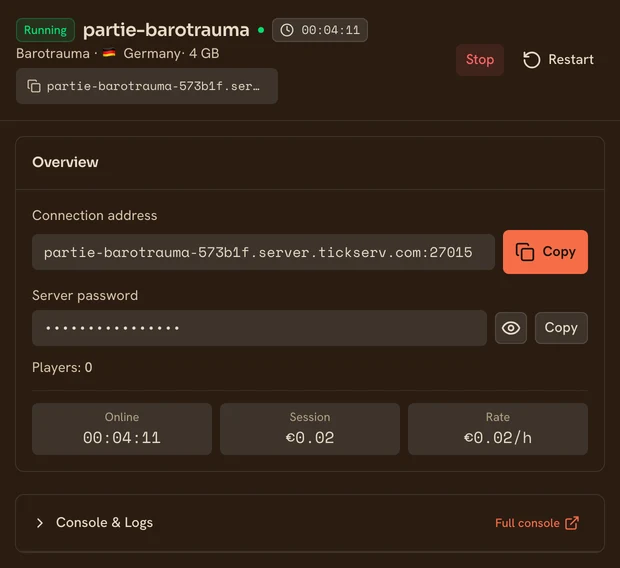 The page of a running Barotrauma server in the TickServ console: permanent connection address, session time, running cost and hourly rate
