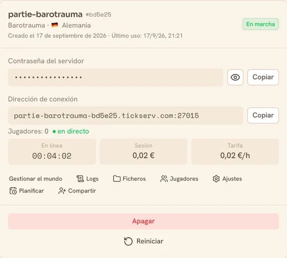 Tarjeta de un servidor Barotrauma en marcha en la consola de TickServ: dirección de conexión permanente, tiempo de sesión, coste en curso y tarifa horaria