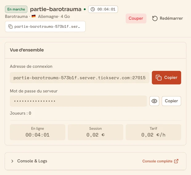 Page d’un serveur Barotrauma en marche dans la console TickServ : adresse de connexion permanente, temps de session, coût en cours et tarif horaire