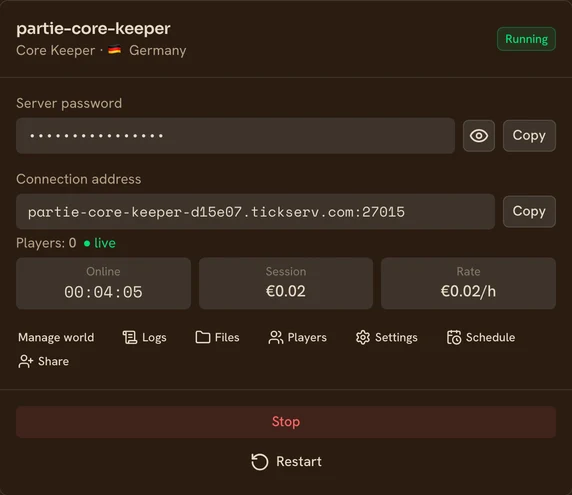 A running Core Keeper server in the TickServ console: permanent connection address, session time, running cost and hourly rate