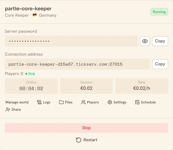A running Core Keeper server in the TickServ console: permanent connection address, session time, running cost and hourly rate