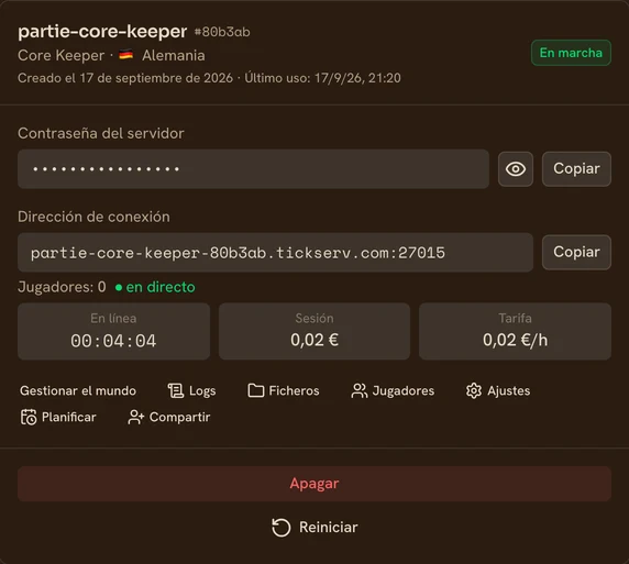 Tarjeta de un servidor Core Keeper en marcha en la consola de TickServ: dirección de conexión permanente, tiempo de sesión, coste en curso y tarifa horaria