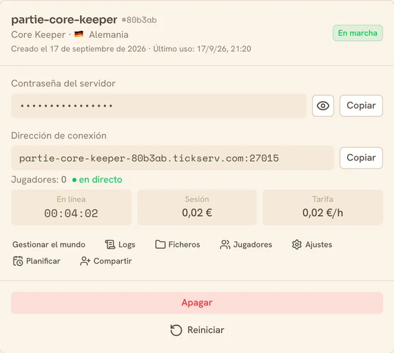 Tarjeta de un servidor Core Keeper en marcha en la consola de TickServ: dirección de conexión permanente, tiempo de sesión, coste en curso y tarifa horaria