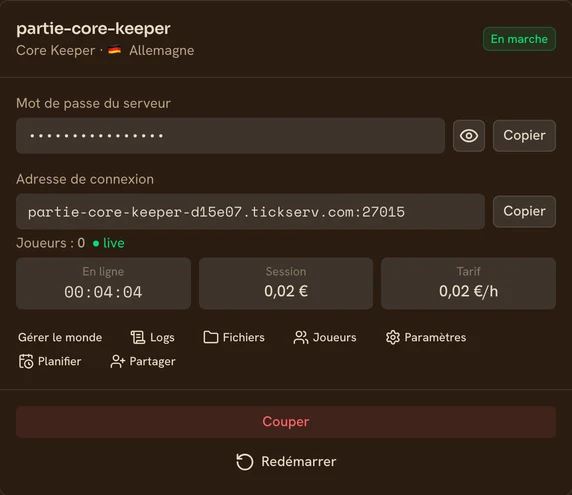 Carte d’un serveur Core Keeper en marche dans la console TickServ : adresse de connexion permanente, temps de session, coût en cours et tarif horaire