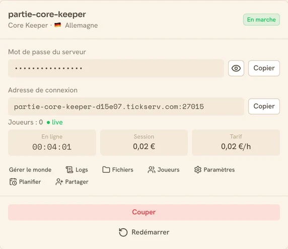 Carte d’un serveur Core Keeper en marche dans la console TickServ : adresse de connexion permanente, temps de session, coût en cours et tarif horaire