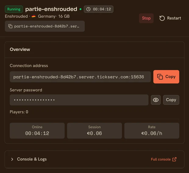 The page of a running Enshrouded server in the TickServ console: permanent connection address, session time, running cost and hourly rate