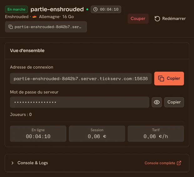 Page d’un serveur Enshrouded en marche dans la console TickServ : adresse de connexion permanente, temps de session, coût en cours et tarif horaire