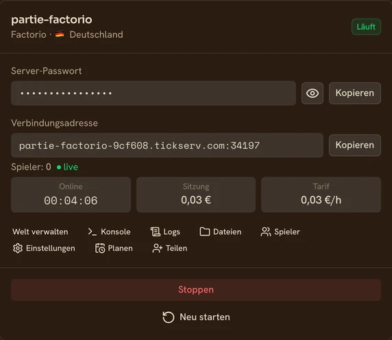 Karte eines laufenden Factorio-Servers in der TickServ-Konsole: dauerhafte Verbindungsadresse, Sitzungsdauer, laufende Kosten und Stundenpreis