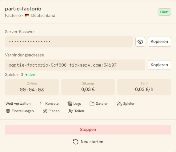 Karte eines laufenden Factorio-Servers in der TickServ-Konsole: dauerhafte Verbindungsadresse, Sitzungsdauer, laufende Kosten und Stundenpreis