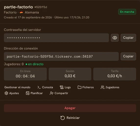 Tarjeta de un servidor Factorio en marcha en la consola de TickServ: dirección de conexión permanente, tiempo de sesión, coste en curso y tarifa horaria