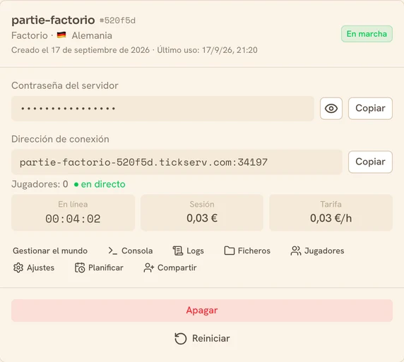 Tarjeta de un servidor Factorio en marcha en la consola de TickServ: dirección de conexión permanente, tiempo de sesión, coste en curso y tarifa horaria
