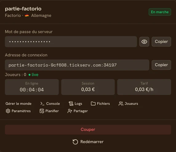 Carte d’un serveur Factorio en marche dans la console TickServ : adresse de connexion permanente, temps de session, coût en cours et tarif horaire