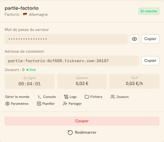 Carte d’un serveur Factorio en marche dans la console TickServ : adresse de connexion permanente, temps de session, coût en cours et tarif horaire