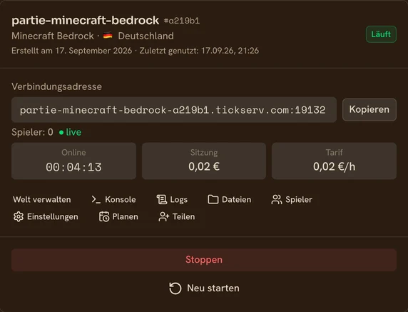 Karte eines laufenden Minecraft Bedrock-Servers in der TickServ-Konsole: dauerhafte Verbindungsadresse, Sitzungsdauer, laufende Kosten und Stundenpreis