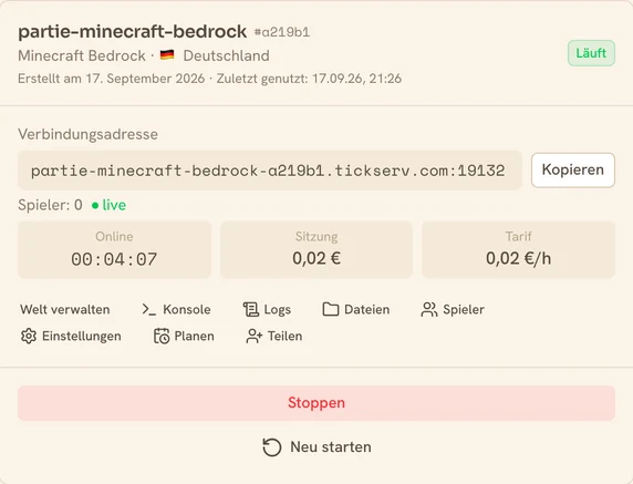 Karte eines laufenden Minecraft Bedrock-Servers in der TickServ-Konsole: dauerhafte Verbindungsadresse, Sitzungsdauer, laufende Kosten und Stundenpreis