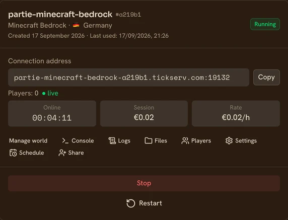 A running Minecraft Bedrock server in the TickServ console: permanent connection address, session time, running cost and hourly rate