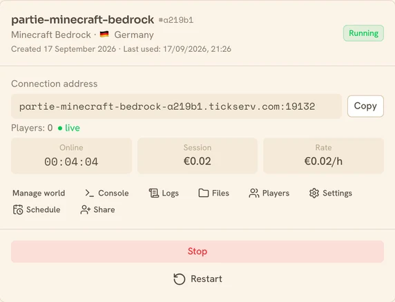 A running Minecraft Bedrock server in the TickServ console: permanent connection address, session time, running cost and hourly rate