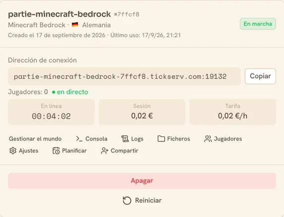 Tarjeta de un servidor Minecraft Bedrock en marcha en la consola de TickServ: dirección de conexión permanente, tiempo de sesión, coste en curso y tarifa horaria