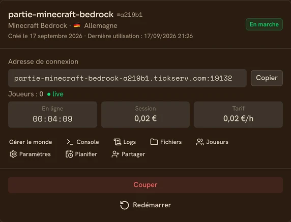 Carte d’un serveur Minecraft Bedrock en marche dans la console TickServ : adresse de connexion permanente, temps de session, coût en cours et tarif horaire