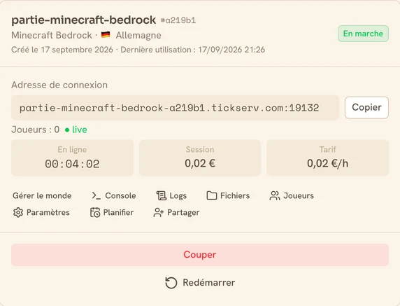 Carte d’un serveur Minecraft Bedrock en marche dans la console TickServ : adresse de connexion permanente, temps de session, coût en cours et tarif horaire
