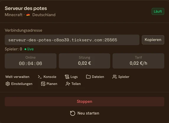 Karte eines laufenden Minecraft-Servers in der TickServ-Konsole: dauerhafte Verbindungsadresse, Sitzungsdauer, laufende Kosten und Stundenpreis