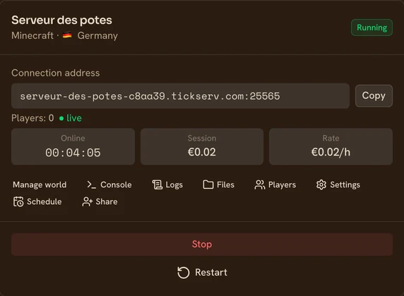 A running Minecraft server in the TickServ console: permanent connection address, session time, running cost and hourly rate