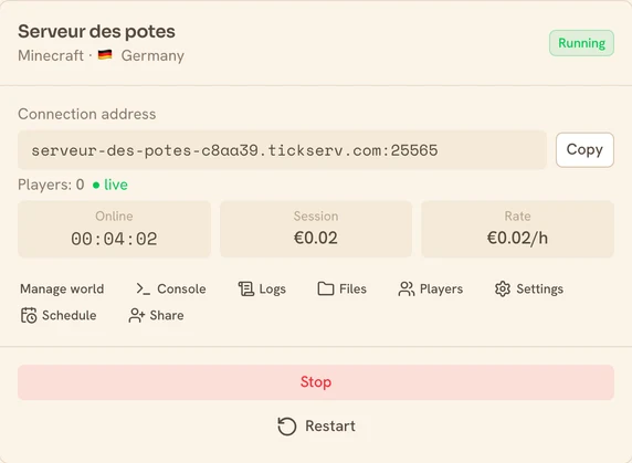 A running Minecraft server in the TickServ console: permanent connection address, session time, running cost and hourly rate